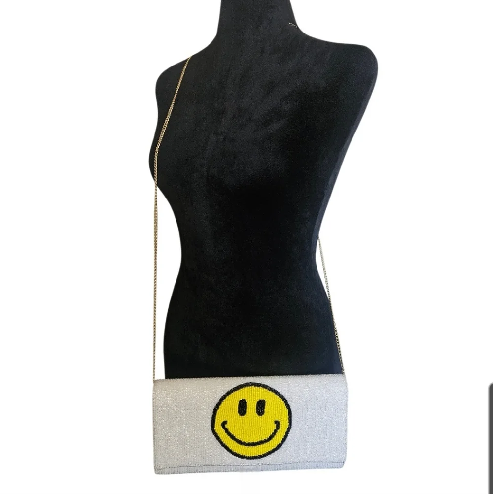 White Beaded Smiley Face Emoji Clutch/ Shoulder Bag
